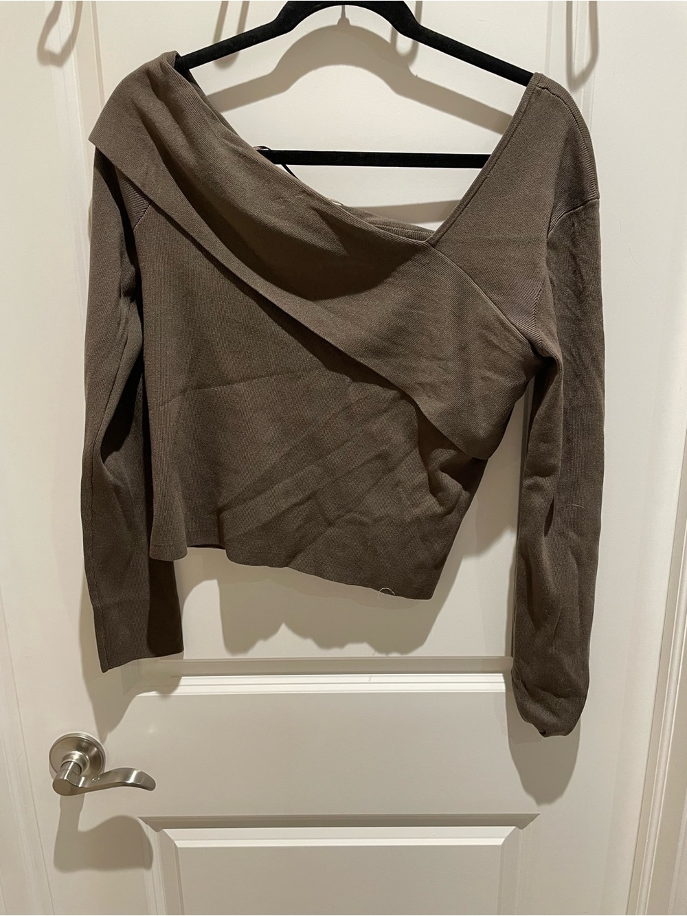 Asymmetrical Off-Shoulder Knit Top in Taupe